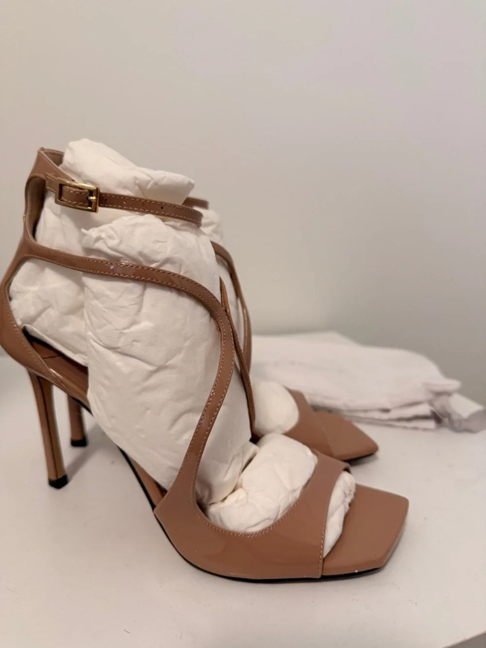 Jimmy Choo 95 Azia Nude Patent Strappy Stiletto Sandals - Picture 3 of 6